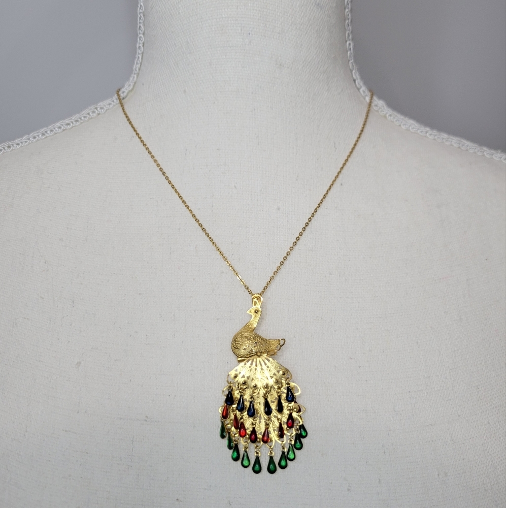 Dainty Gold Tone Peacock Medallion & Brooch Convertible Necklace -Blue/Red/Green